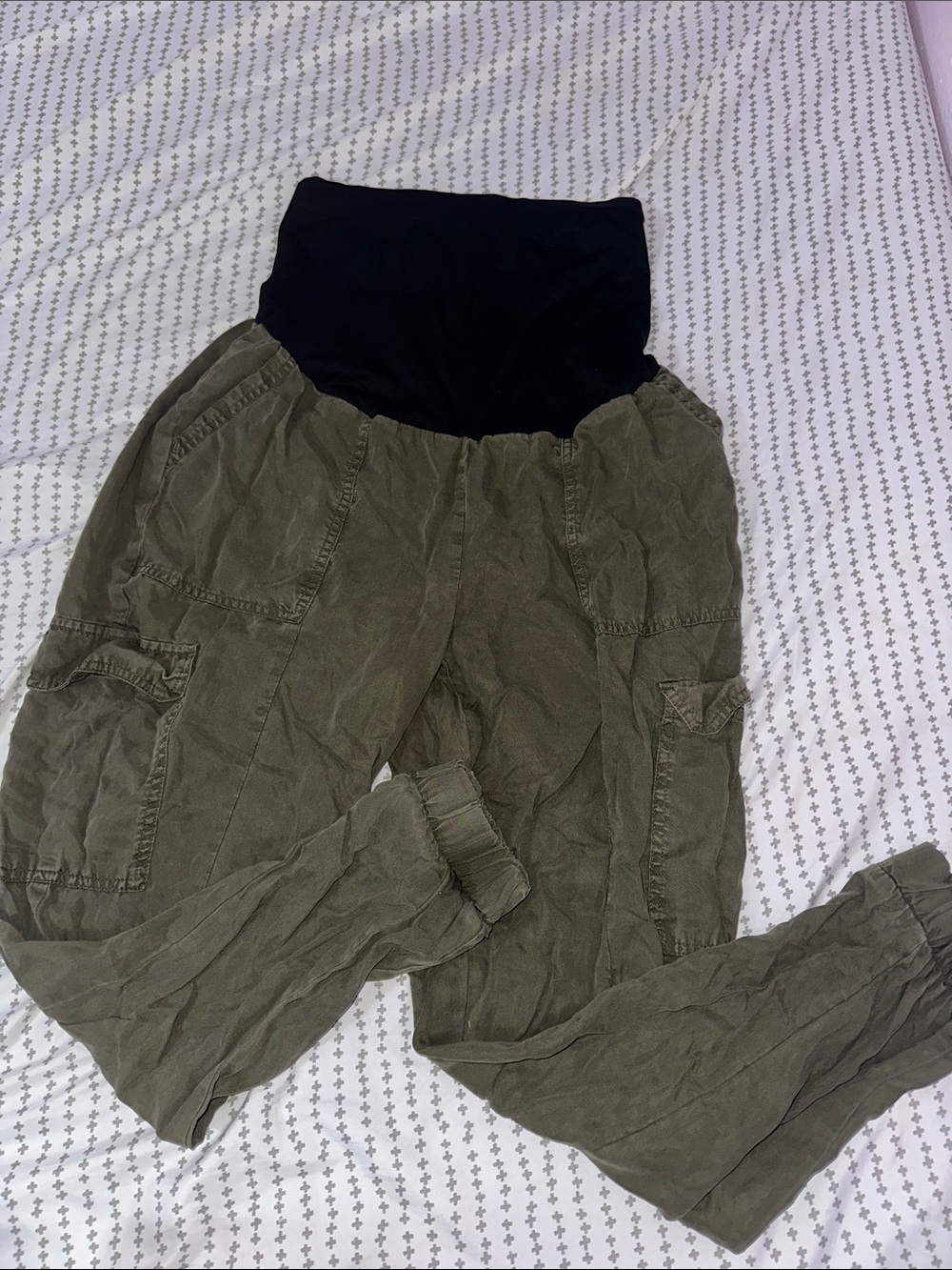 Maternity Olive Green Cargo Joggers with Black Stretch Waistband